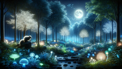AI generated illustration of an enchanting forest illuminated by fireflies, adorned with mushrooms