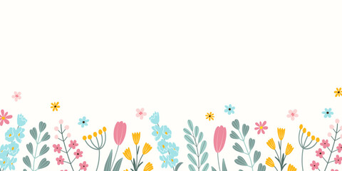 Fototapeta na wymiar Horizontal floral backdrop decorated with colorful blooming flowers, tulips and leaves. Spring or summer botanical flat vector illustration on white background