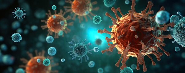 Detailed visualization of virus particles in a microscopic view - obrazy, fototapety, plakaty