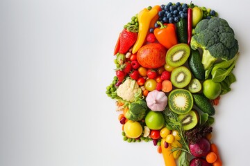 fruits and vegetables arranged into the shape of a human head