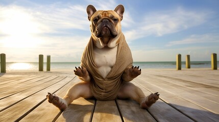 AI generated illustration of a french bulldog  sitting on a pier doing yoga in the sun