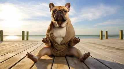 Foto op Plexiglas AI generated illustration of a french bulldog  sitting on a pier doing yoga in the sun © Wirestock