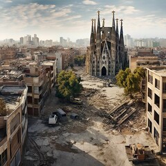AI generated illustration of aerial view of the ancient ruins of Sagrada Familia