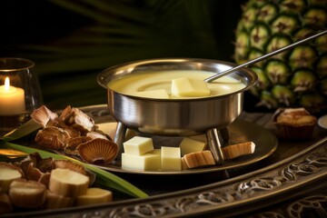 Tempting fondue on a palm leaf plate against an antique mirror background
