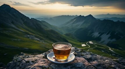 Hot cup of tea on a rocky ledge in a majestic mountain landscape. AI-generated.
