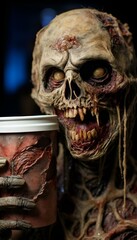 a corpsey humanoid holding a cup of coffee in it