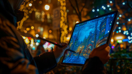 Artist Creating Digital Art on Smart Tablet in Festive Cityscape - AI generated digital art - obrazy, fototapety, plakaty