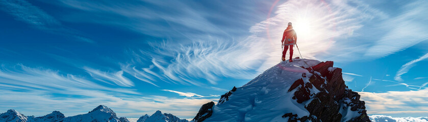 Mountaineer Triumphantly Reaching the Summit - obrazy, fototapety, plakaty