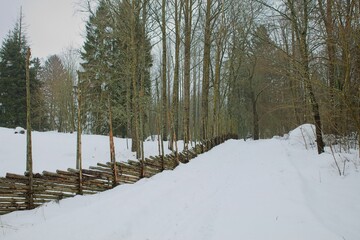 Winter landscape view of plowed road with wood fence in cloudy winter weather, Sannainen, Finland.