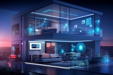AI generated modern residential dwelling with intelligent lighting effects - obrazy, fototapety, plakaty