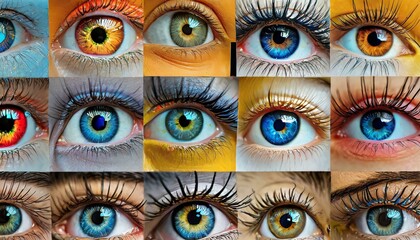 AI generated illustration of multiple images of people wearing blue and yellow contact lenses