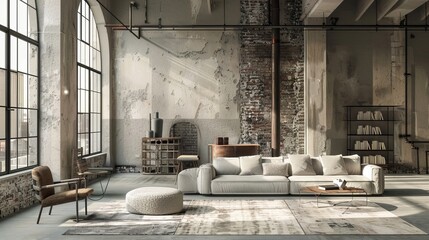 Loft walls with a grunge aesthetic provide a distinctive space for product display areas, bathed in the natural light of a lazy afternoon - obrazy, fototapety, plakaty