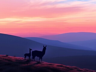 Dog and llama, silhouetted by a Fantasia minimalist dawn, gentle hues, wide expansive view, peaceful bravery