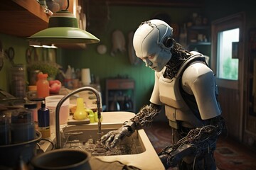 AI generated robotic figure standing at a stainless steel kitchen sink for washing dishes