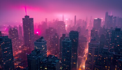 Obraz premium Aerial shot captures a cityscape in soft pink hues from a rooftop. 🌆💖 The skyline bathed in blush tones offers a dreamy, urban escape. #CityInPink