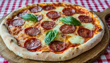 a freshly baked pepperoni pizza is displayed on a wooden platter