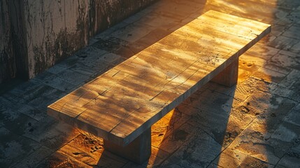 Sunset light casts a golden glow on an empty concrete tabletop with a wooden bench, revealing the material's property, ideal for showcasing at a local market - obrazy, fototapety, plakaty