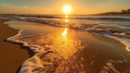 AI generated illustration of An idyllic beach   with the sun setting on the horizon