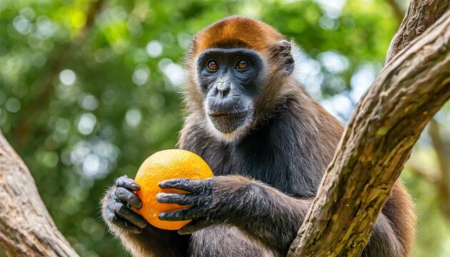 a monkey with an orange on a tree branch in the jungle