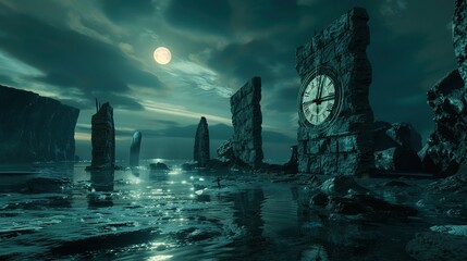 Evil shadows blend with ancient stones in the reflection of a digital ocean, clock ticking towards doom, twilight, immersive
