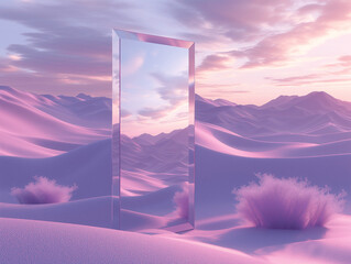 AI-generated illustration of Mirror in a pink sand desert