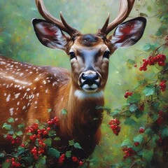 the painting depicts a deer in the wild with berries on his antlers