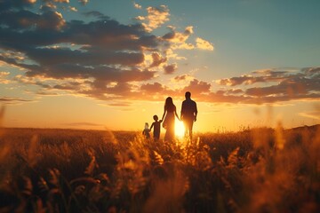 AI generated illustration of a family strolling through a sun-kissed field at golden hour