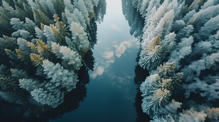 AI generated illustration of stream flowing through snowy trees in a forest under overcast skies