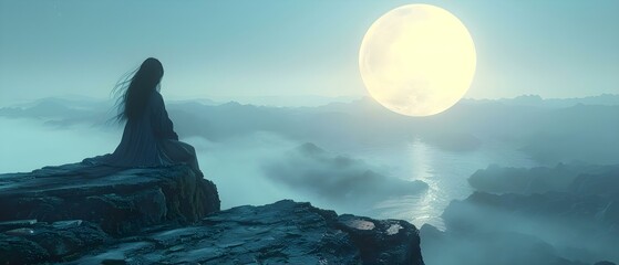 Woman on cliff admiring moon another on mountain gazing at futuristic planet. Concept Adventure...