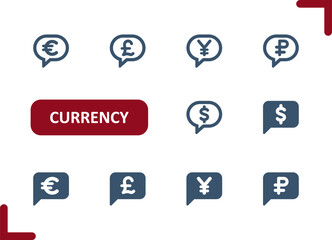 Currency Icons. Dollar, Euro, Pound, Yen, Yuan, Ruble, Chat Bubble, Speech Bubbles Icon