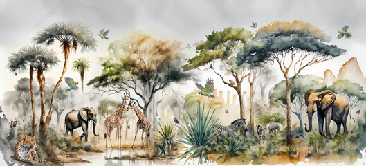 Watercolor painting landscape on an African tropical jungle with trees next to a river with giraffes, elephants and birds, in coordinating colors.