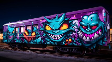 Vibrant graffiti artwork adorning the side of a train at a train station, AI-generated.