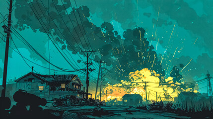 Explosive sunset in urban landscape illustration