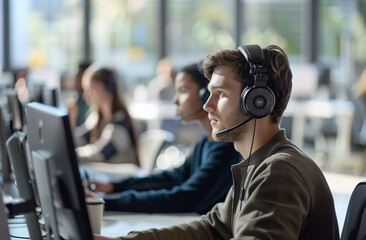 A worker from a customer service or information call center, at his workplace with headphones and a computer monitor in front, in the background you can see his colleagues working.