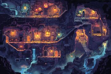 A 2D retro rpg game style of a cross-section of a dungeon with various rooms