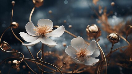 AI generated illustration of two white flowers with gold stems on dark background - obrazy, fototapety, plakaty