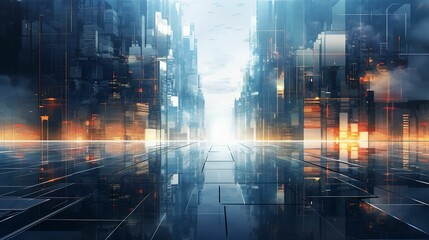 AI generated illustration of a view of a business district in a futuristic city