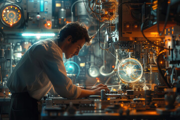Technician working on complex machinery in a lab. - obrazy, fototapety, plakaty