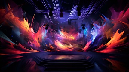 an artistic stage with colorful flames and spotlights on the wall - obrazy, fototapety, plakaty