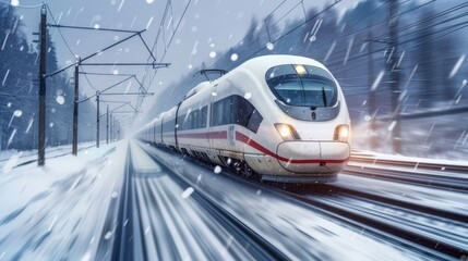 White Train Traveling on Snow-Covered Tracks