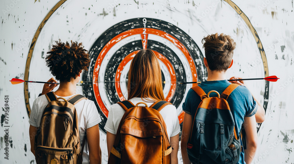 Poster three people with backpacks standing in front of a dartboard, each having thrown a dart with varying
