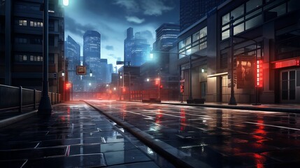 AI generated illustration of a wet city street at night with the rain on it - obrazy, fototapety, plakaty