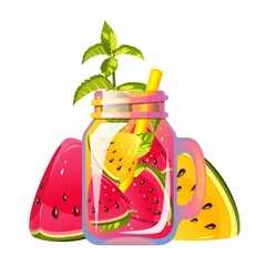 Watermelon cocktail on a white background. Summer refreshing drink in a can with juicy watermelon.Watermelon summer juice. Smoothie with fresh fruit. Lemonade with watermelon. Vector illustration.