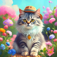 Fototapeta premium Cute fluffy cat wearing pretty wool hat