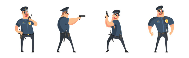American Policeman Funny Character in Different Action Vector Set