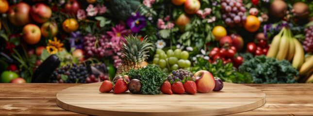 A wooden table with fruits and vegetables, surrounded by colorful flowers in the background - obrazy, fototapety, plakaty