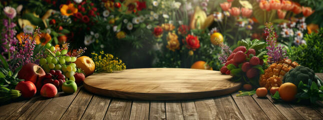 A wooden table with fruits and vegetables, surrounded by colorful flowers in the background