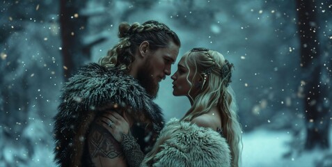 AI generated illustration of a Viking warrior and his lover in a tender moment during a snowfall