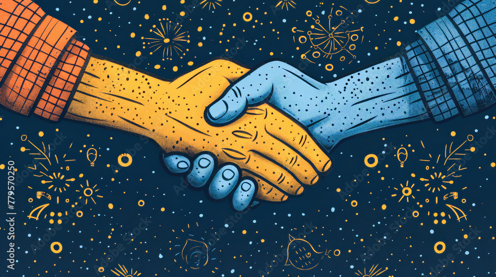 Poster two illustrated hands in a handshake against a blue background with celestial and floral patterns, s