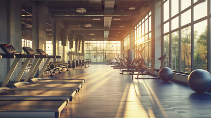 Modern gym interior with sunlight through windows, fitness equipment and room for walking on...